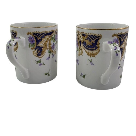Andrea by Sadek Royal Violets Gold Rim 10 Oz Porcelain Mugs Cups – Set of 2 - Picture 2 of 16